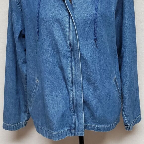 VINTAGE 1990s Sag Harbor Stone Wash Full-zip Hooded Denim Shacket Jacket Medium - Picture 8 of 16